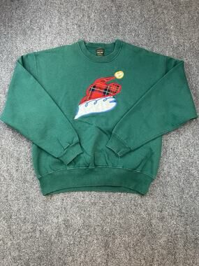 Vintage Cross Creek Green Sweatshirt Plaid Ice Skate Applique Made in USA M